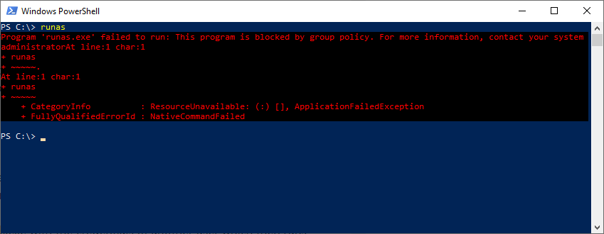 Screenshot of blocked RunAs command